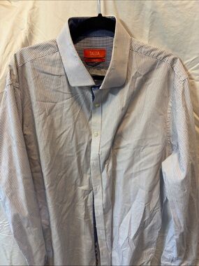 TALLIA Slim Fit Blue and White Pinstripe Dress Shirt